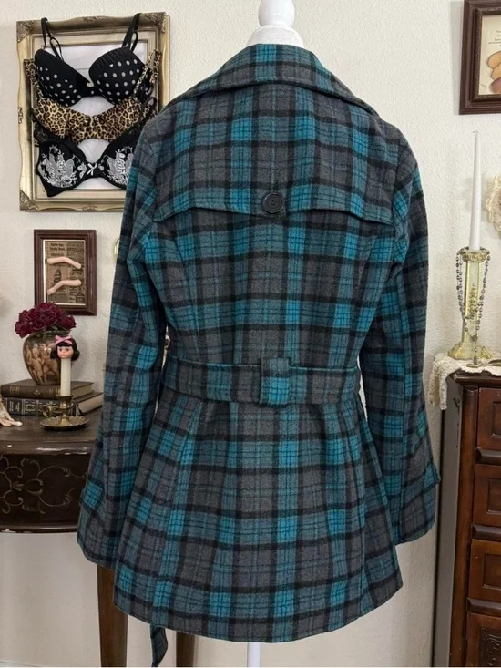 y2k preppy twee whimsical teal blue and gray cozy plaid coat - Picture 4 of 5